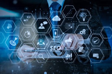 Mobil Web sitesi ve modern teknoloji ve dijital Katman efektini iş stratejisi kavramı olarak çalışma açılış sayfası sanal diagram.businessman el ile Web sitesi için SEO Optimizasyon