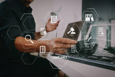 Compliance Virtual Diagram for regulations, law, standards, requirements and audit.businessman working with smart phone and digital tablet and laptop computer and document in modern office clipart