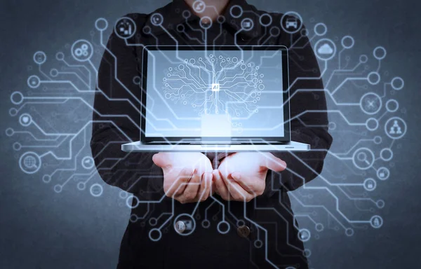 Artificial Intelligence (AI),machine learning with data mining technology on virtual dachboard.engineer hand working with modern laptop computer.