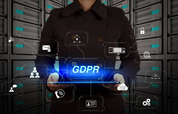 Gdpr Data Protection Regulation Cyber Security Privacy Virtual Diagram Tablet — Stock Photo, Image