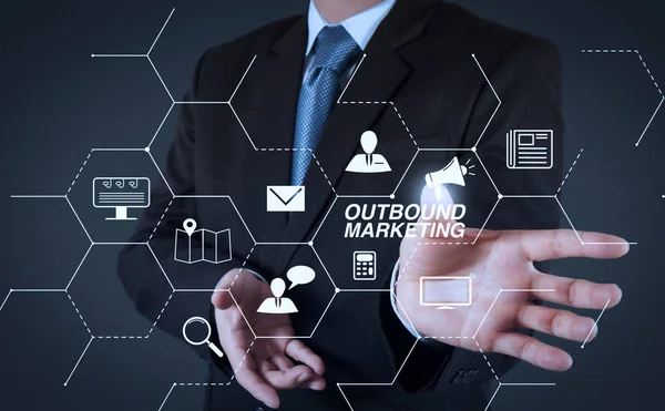 Outbound marketing business virtual dashboard with Offline or interruption marketing. business man with an open hand as showing something concept