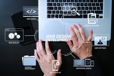 Programlama ve Web sitesi tasarımı sanal diagram.cyber güvenlik kavramı Internet ve ağ teknolojileriyle kodlama geliştirmek. İşadamı el çalışma cep telefonu dizüstü bilgisayar arka plan üzerinde