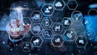 Mobil Web sitesi ve modern teknoloji ve dijital Katman efektini iş stratejisi kavramı olarak çalışma açılış sayfası sanal diagram.businessman el ile Web sitesi için SEO Optimizasyon