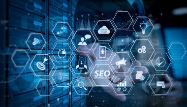 Mobil Web sitesi ve modern teknoloji ve dijital Katman efektini iş stratejisi kavramı olarak çalışma açılış sayfası sanal diagram.businessman el ile Web sitesi için SEO Optimizasyon