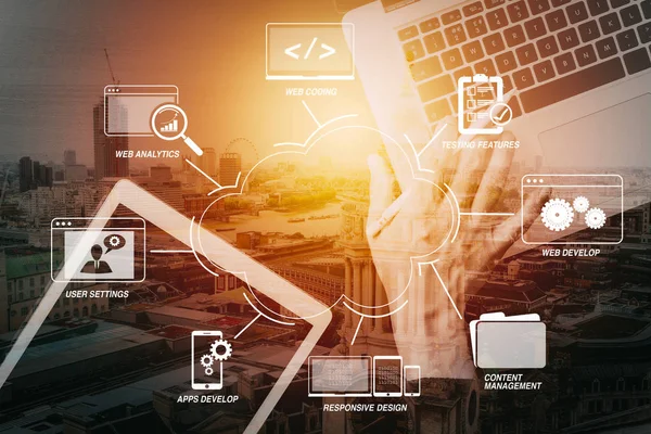 Utveckla Programmering Och Kodning Teknik Med Webbdesign Virtuella Diagram Cyber — Stockfoto