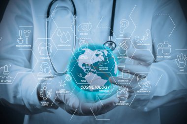 Güzellik terapisi, welness, sağlık, sağlık tedavi sanal diyagramı ve düzeltme, gençleştirme, anti-aging procedure.smart doktor ve tıbbi kavram olarak teknoloji ile kozmetik süreci