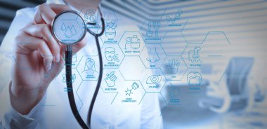 Kozmetik güzellik terapisi, welness, sağlık, sağlık tedavi sanal diyagramı ve düzeltme, gençleştirme, anti-aging prosedür işlemine. Doktor borad Oda arka plan üzerinde elinde bir stetoskop ile