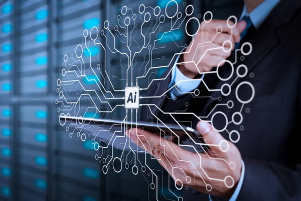 Artificial Intelligence (AI),machine learning with data mining technology on virtual dachboard.businessman hand using tablet computer and server room background.