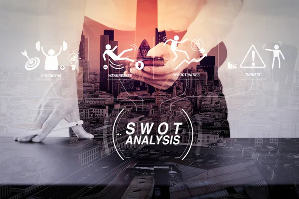 Swot Analysis Virtual Diagram Strengths Weaknesses Threats Opportunities Company Businessman — стоковое фото