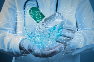 Kozmetik işlemi güzellik bakımı, welness, sağlık, sağlık tedavi sanal diyagramı ve düzeltme, gençleştirme, anti-aging procedure.scientist doktor el ile sanal moleküler yapısı laboratuarda tutar.