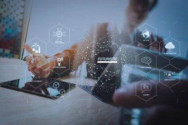 Sanayi 4.0 ve iş Sanal Diyagram AI, robot asistanı, bulut, büyük veri ve otomasyon ile fütüristik. İş takım toplantısı mevcut. Mutlu profesyonel yatırımcı bir projeyi yeni başlaması ile birlikte çalışma. 