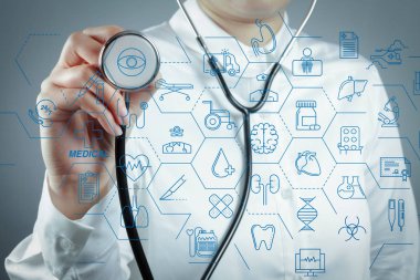 Sağlık ve tıp hizmetleri kavramı ile düz çizgi Ar arayüzey. Doktor el bir stetoskop ve insan işareti sosyal