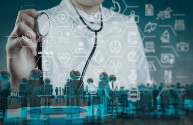 Sağlık ve tıp hizmetleri kavramı ile düz çizgi Ar interface.smart tıbbi doktor stetoskop ile çalışma.