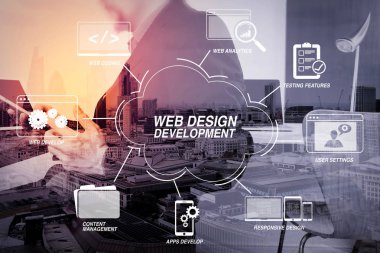 Programlama ve kodlama teknolojileri ile sanal diagram.businessman akıllı telefon ve dijital tablet ve Londra şehir pozlama ile modern ofis dizüstü bilgisayar ile çalışan Web tasarım geliştirme  