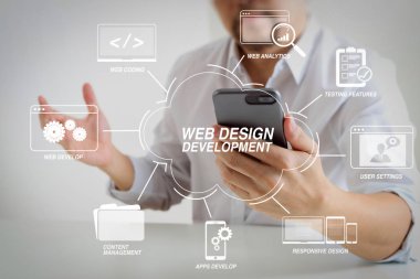 Web sitesi tasarımı sanal diyagramı ile programlama ve kodlama teknolojilerin geliştirilmesi. Büyük veri analytics iş destek sistemleri (BI) kavramı ile. Beyaz masanın üzerinde cep telefonu ve dizüstü bilgisayar kullanarak iş adamı 