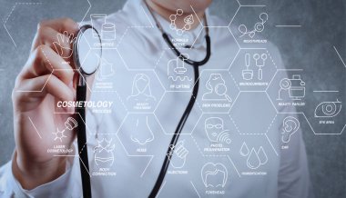 Güzellik terapisi, welness, sağlık, sağlık tedavi sanal diyagramı ve düzeltme, gençleştirme, anti-aging procedure.smart doktor ve tıbbi kavram olarak teknoloji ile kozmetik süreci