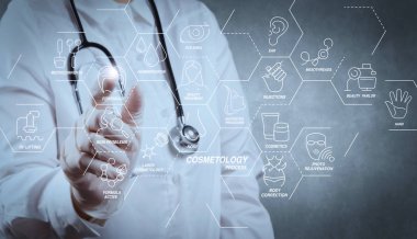 Kozmetik güzellik terapisi, welness, sağlık, sağlık tedavi sanal diyagramı ve düzeltme, gençleştirme, anti-aging prosedür işlemine. Dokunmatik ekranda çalışan bir stetoskop ile akıllı doktor