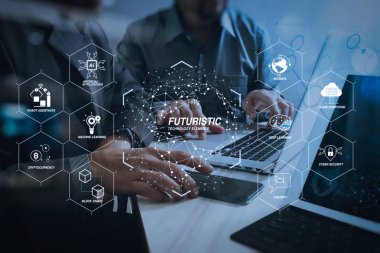 Sanayi 4.0 ve iş Sanal Diyagram AI, robot asistanı, bulut, büyük veri ve otomasyon ile fütüristik. İş takım toplantısı. Fotoğraf profesyonel yatırımcı bir projeyi yeni başlangıç çalışma. Finans görev.