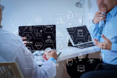 Sağlık ve tıp hizmetleri kavramı ile düz çizgi Ar arayüzey. Tıp doktoru beyaz tek tip elbise ceket danışmanlık iş adamı hasta hastane profesyonellik kavram olarak sınav olan