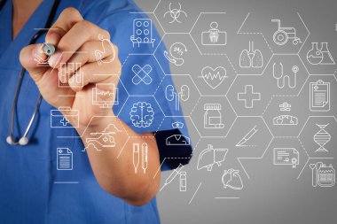 Sağlık ve tıp hizmetleri kavramı ile düz çizgi Ar interface.smart tıbbi doktor stetoskop ile çalışma.