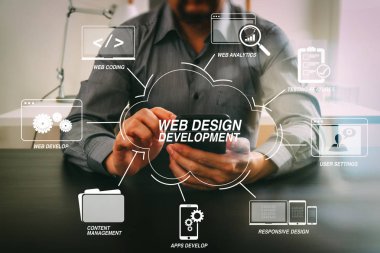 Programlama ve kodlama teknolojileri ile sanal diagram.businessman akıllı telefon ve dijital tablet ve modern ofis dizüstü bilgisayar ile çalışan Web tasarım geliştirme