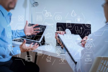 Sağlık ve tıp hizmetleri kavramı ile düz çizgi Ar arayüzey. Tıp doktoru beyaz tek tip elbise ceket danışmanlık iş adamı hasta hastane profesyonellik kavram olarak sınav olan 