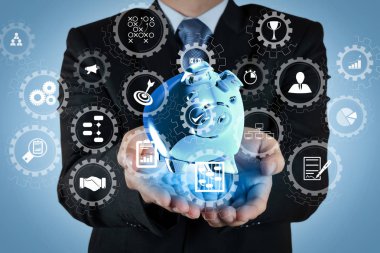 AR sanal ekran kontrol paneli ile planlama, bütçeleme, communication.businessman el puan iş stratejisi için proje yönetimi kavram olarak-simgeleri ile