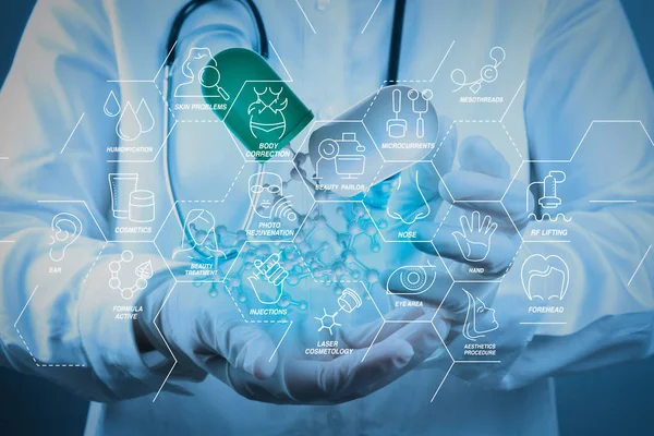 Kozmetik işlemi güzellik bakımı, welness, sağlık, sağlık tedavi sanal diyagramı ve düzeltme, gençleştirme, anti-aging procedure.scientist doktor el ile sanal moleküler yapısı laboratuarda tutar.