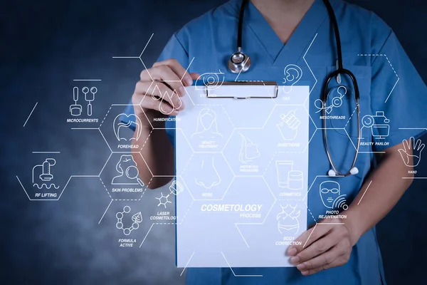 Güzellik terapisi, welness, sağlık, sağlık tedavi sanal diyagramı ve düzeltme, gençleştirme, anti-aging procedure.smart doktor ve tıbbi kavram olarak teknoloji ile kozmetik süreci