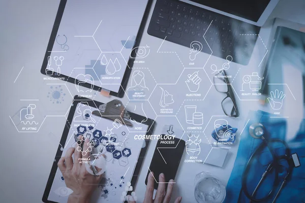 Kozmetik güzellik terapisi, welness, sağlık, sağlık tedavi sanal diyagramı ve düzeltme, gençleştirme, cep telefonu ve dizüstü bilgisayar çalışma anti-aging procedure.medical Doktor işlemine.