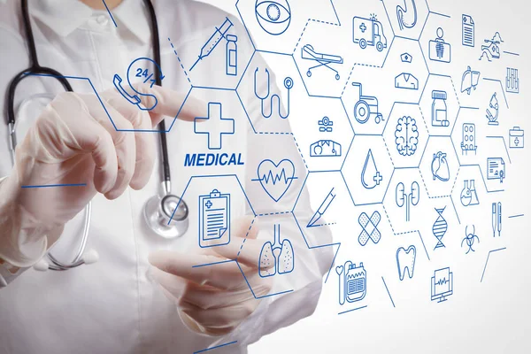 Gesundheitswesen Und Medizinische Dienstleistungen Konzept Mit Flachen Linie Interface Smart — Stockfoto