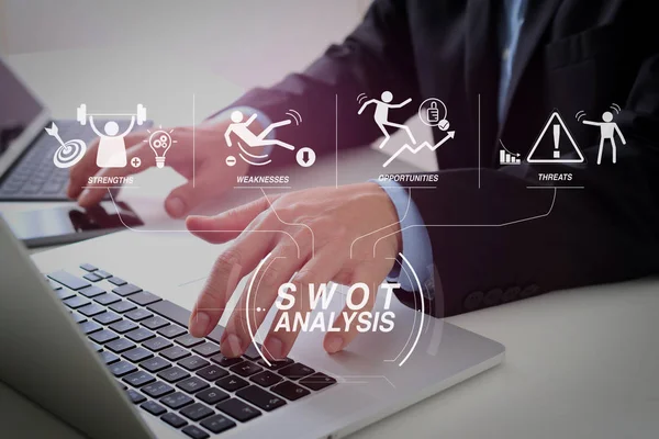 Swot Analysis Virtual Diagram Strengths Weaknesses Threats Opportunities Company Hands — Stock Photo, Image