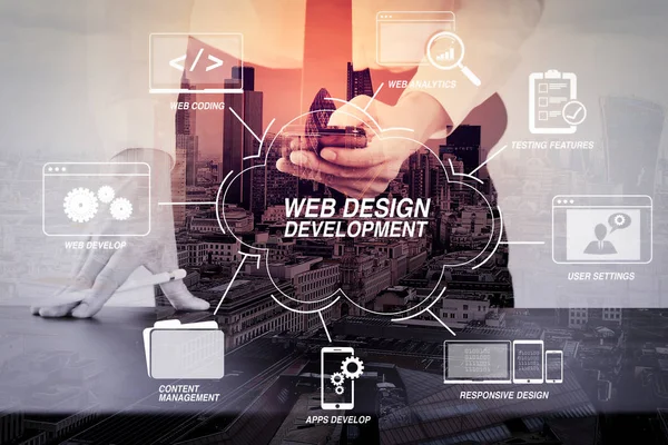 Developing Programming Coding Technologies Website Design Virtual Diagram Businessman Working — Stock Photo, Image