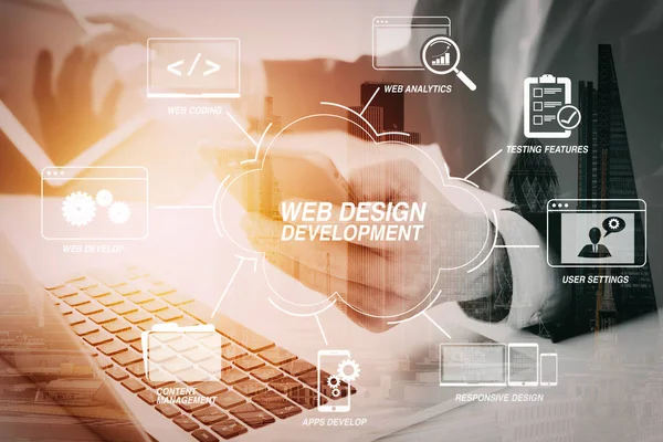 Rozwój Technologii Programowania Kodowania Projektowanie Wirtualne Diagramie Ręce Biznesmen Przy — Zdjęcie stockowe