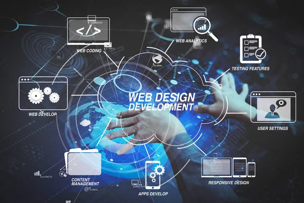 Vývoj Technologie Programování Kódování Designu Webových Stránek Virtuální Diagram Businessman — Stock fotografie