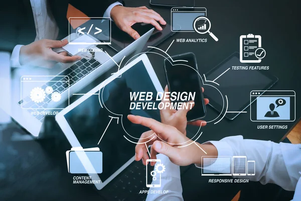 Desarrollo Tecnologías Programación Codificación Con Diseño Sitios Web Concepto Reunión —  Fotos de Stock