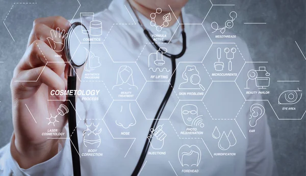 Güzellik terapisi, welness, sağlık, sağlık tedavi sanal diyagramı ve düzeltme, gençleştirme, anti-aging procedure.smart doktor ve tıbbi kavram olarak teknoloji ile kozmetik süreci
