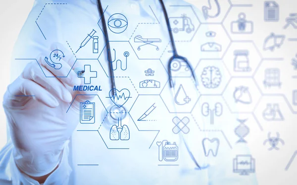 Gesundheitswesen Und Medizinische Dienstleistungen Konzept Mit Flachen Linie Interface Smart — Stockfoto