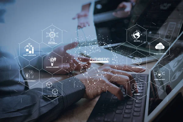 Sanayi 4.0 ve iş Sanal Diyagram AI, robot asistanı, bulut, büyük veri ve otomasyon ile fütüristik. İş takım toplantısı mevcut. Fotoğraf profesyonel yatırımcı bir projeyi yeni başlaması ile birlikte çalışma. 