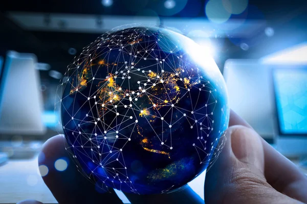 Hand Holding Global World Telecommunication Network Connected Planet Earth Internet — Stock Photo, Image