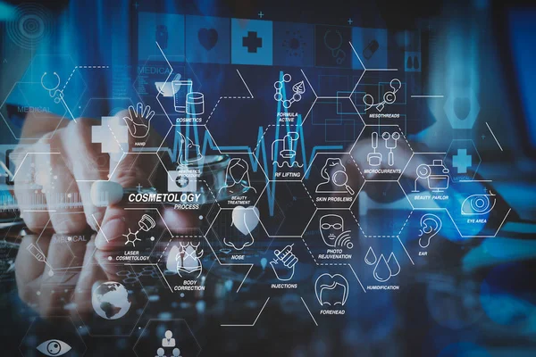 Kozmetik işlemi güzellik terapisi, welness, sağlık, sağlık tedavi sanal diyagramı ve düzeltme, gençleştirme, anti-aging procedure.medical techonlogy kavramı ile.