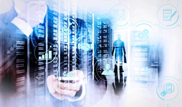 İş süreci yönetimi iş akışı Otomasyonu diyagram ve sanal flowchart.businessman el vites ile konsept olarak e-posta simgesi ile akıllı telefon bilgisayar kullanın