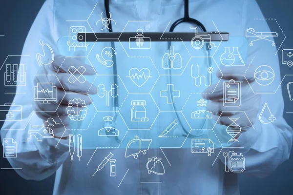 Kesehatan Dan Konsep Layanan Medis Dengan Garis Datar Dokter Interface — Stok Foto