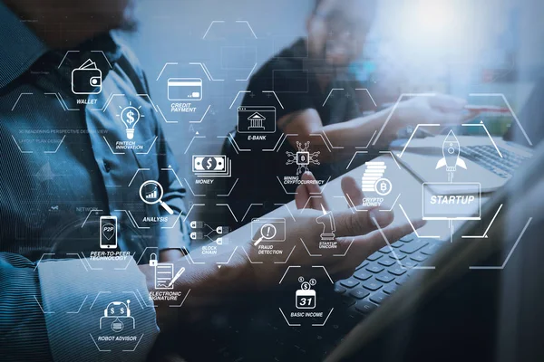 Diagrama Flujo Tecnología Financiera Criptomoneda Minería Ingresos Básicos Con Blockchain —  Fotos de Stock