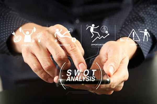 Swot Análise Diagrama Virtual Com Forças Fraquezas Ameaças Oportunidades Mão — Fotografia de Stock