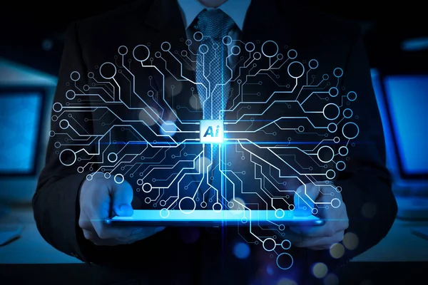 Yapay zeka (AI), öğrenme sanal dachboard veri madenciliği teknolojisi ile makine. Çift Pozlama başarı işadamı office dijital tablet dizüstü bilgisayar ile birlikte çalışma.