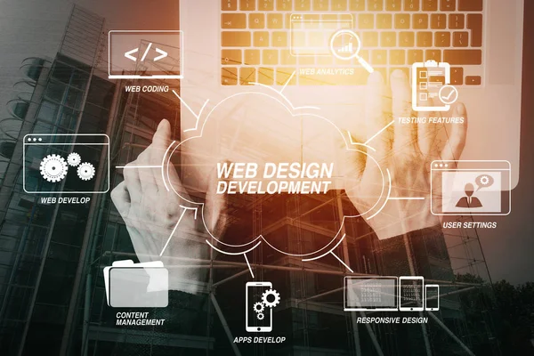 Programlama ve Web sitesi tasarımı sanal diagram.cyber güvenlik kavramı Internet ve ağ teknolojileriyle kodlama geliştirmek. İşadamı el dizüstü bilgisayar binalar pozlama ile çalışma