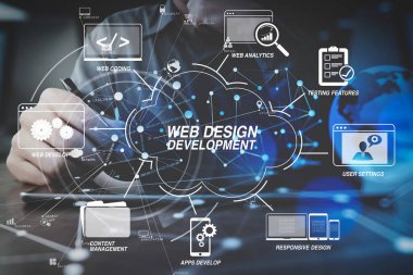 Web sitesi tasarımı modern dijital tablet bilgisayar sanal simge diyagramı ile modern Office ile çalışan sanal diagram.businessman el ile programlama ve kodlama teknolojileri geliştirme