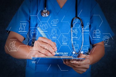 Kozmetik işlemi güzellik terapisi, welness, sağlık, sağlık tedavi sanal diyagramı ve düzeltme, gençleştirme, anti-aging procedure.medical Doktor stetoskop doku arka plan üzerinde yazma ile