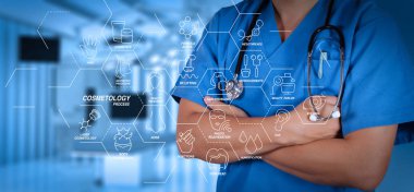 Kozmetik işlemi güzellik terapisi, welness, sağlık, sağlık tedavi sanal diyagramı ve düzeltme, gençleştirme, ameliyathane ile anti-aging procedure.success akıllı tıp doktoru.